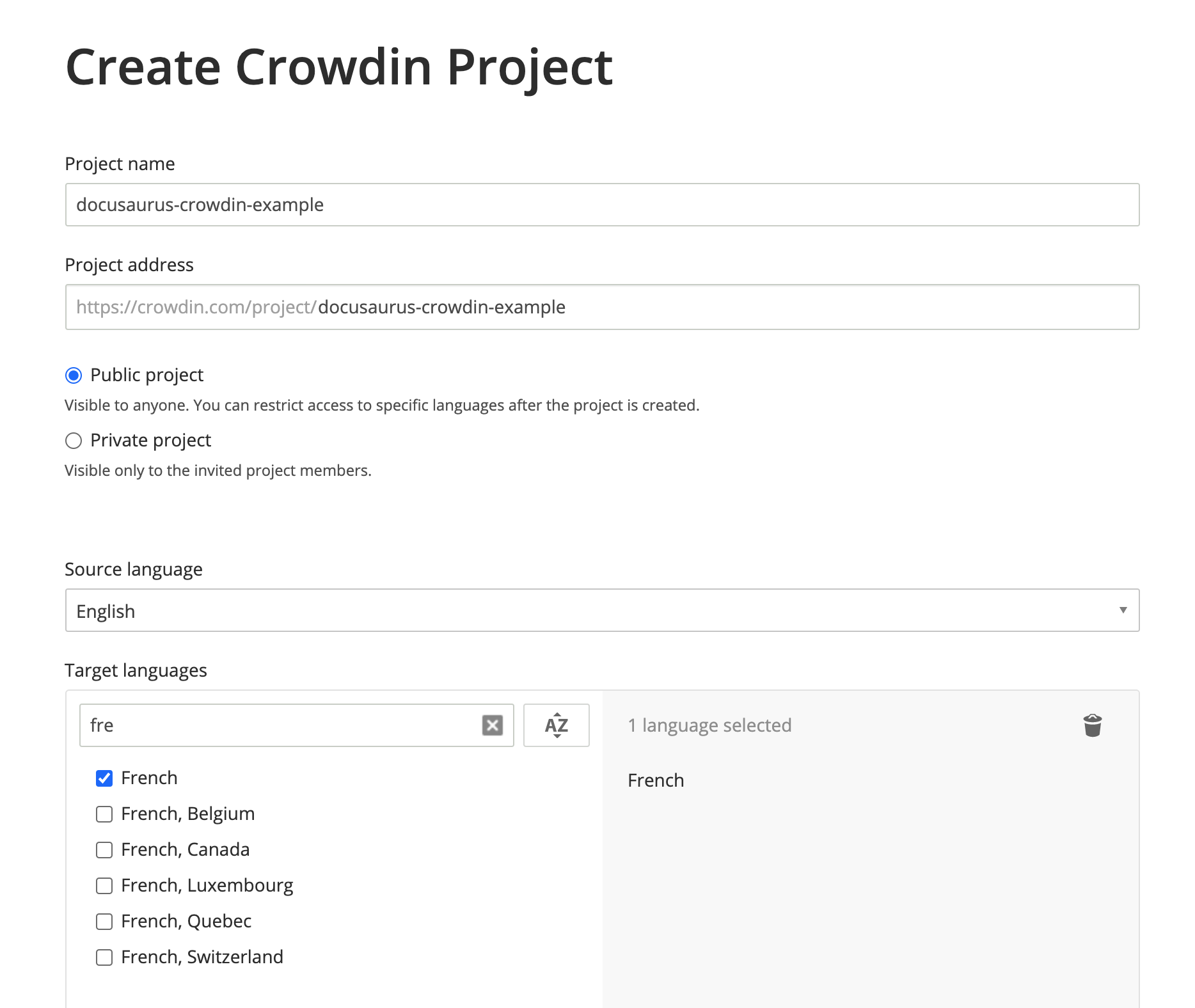 Créer un projet Crowdin en anglais comme langue source, et en français comme langue cible