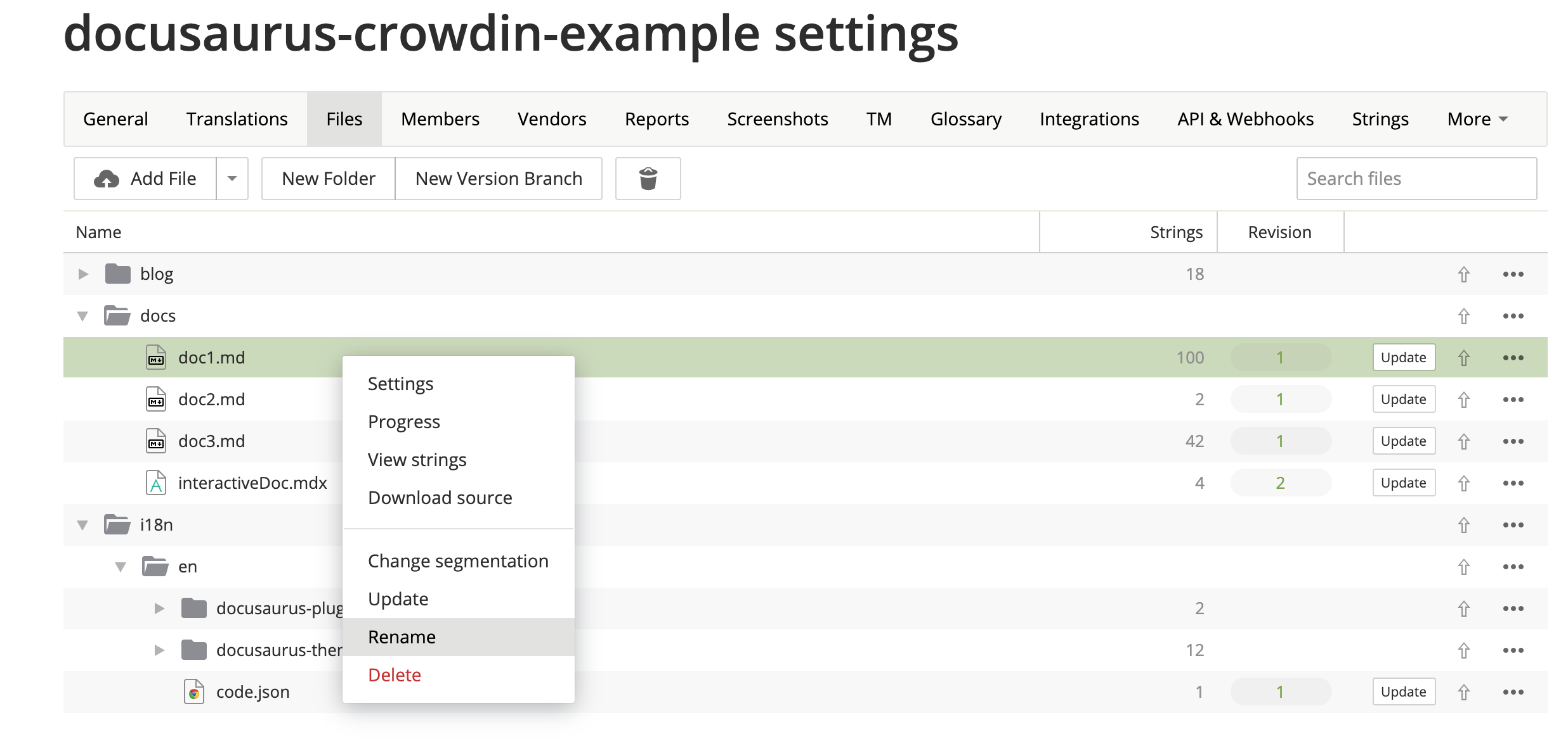 Interface utilisateur de Crowdin : renommage d&#39;un fichier