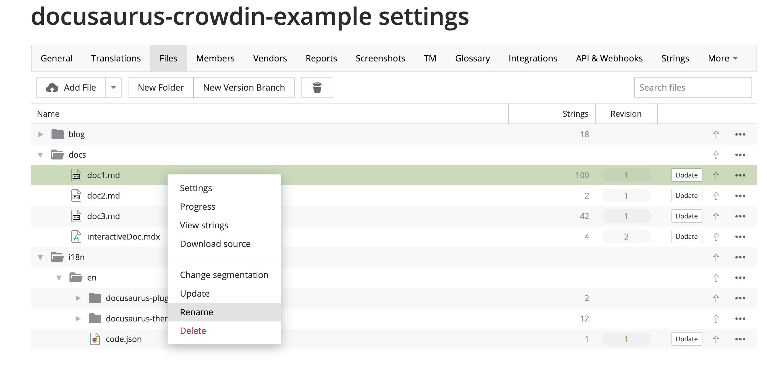 Interface utilisateur de Crowdin : renommage d'un fichier