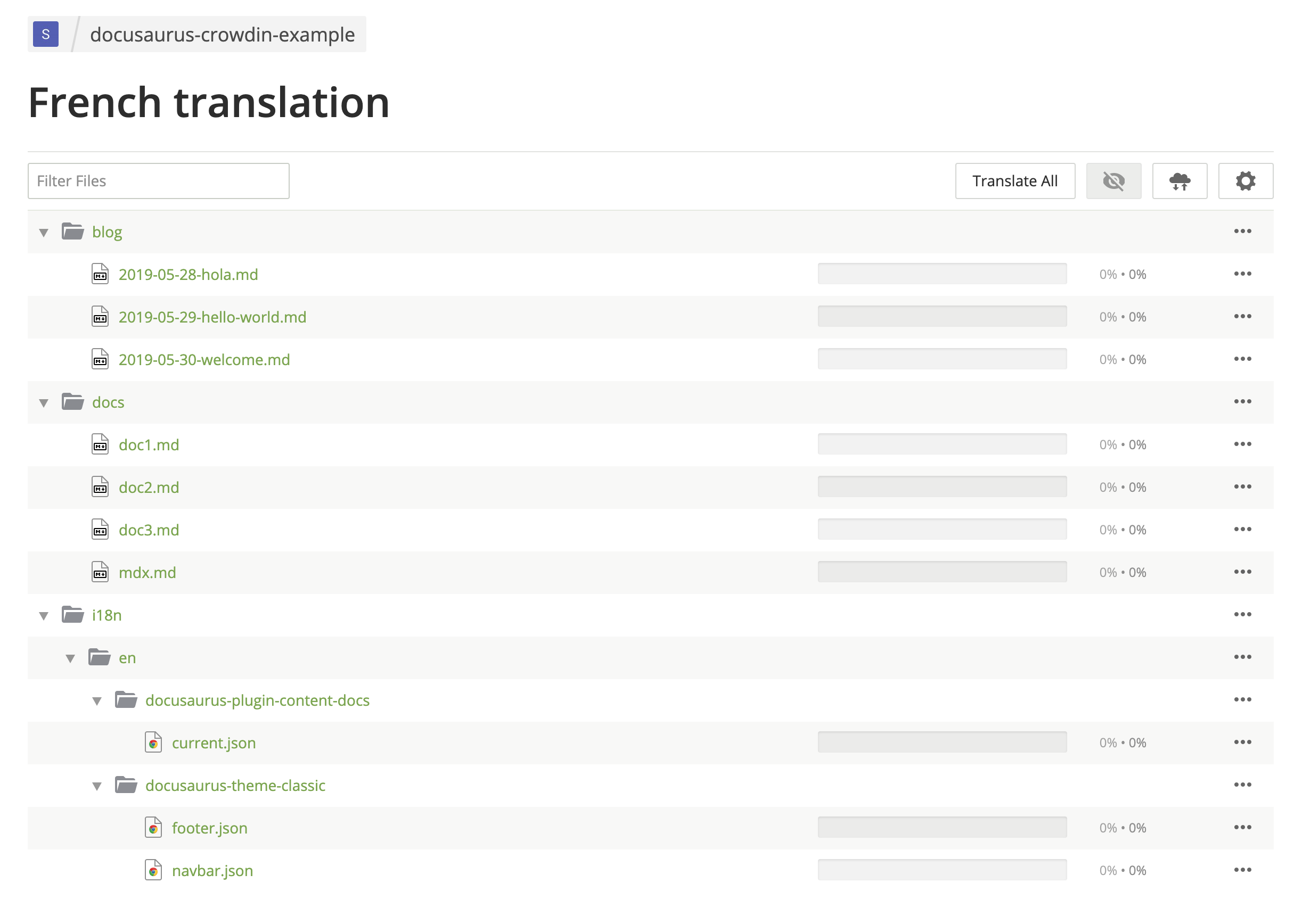 Crowdin UI montrant les fichiers de traduction français