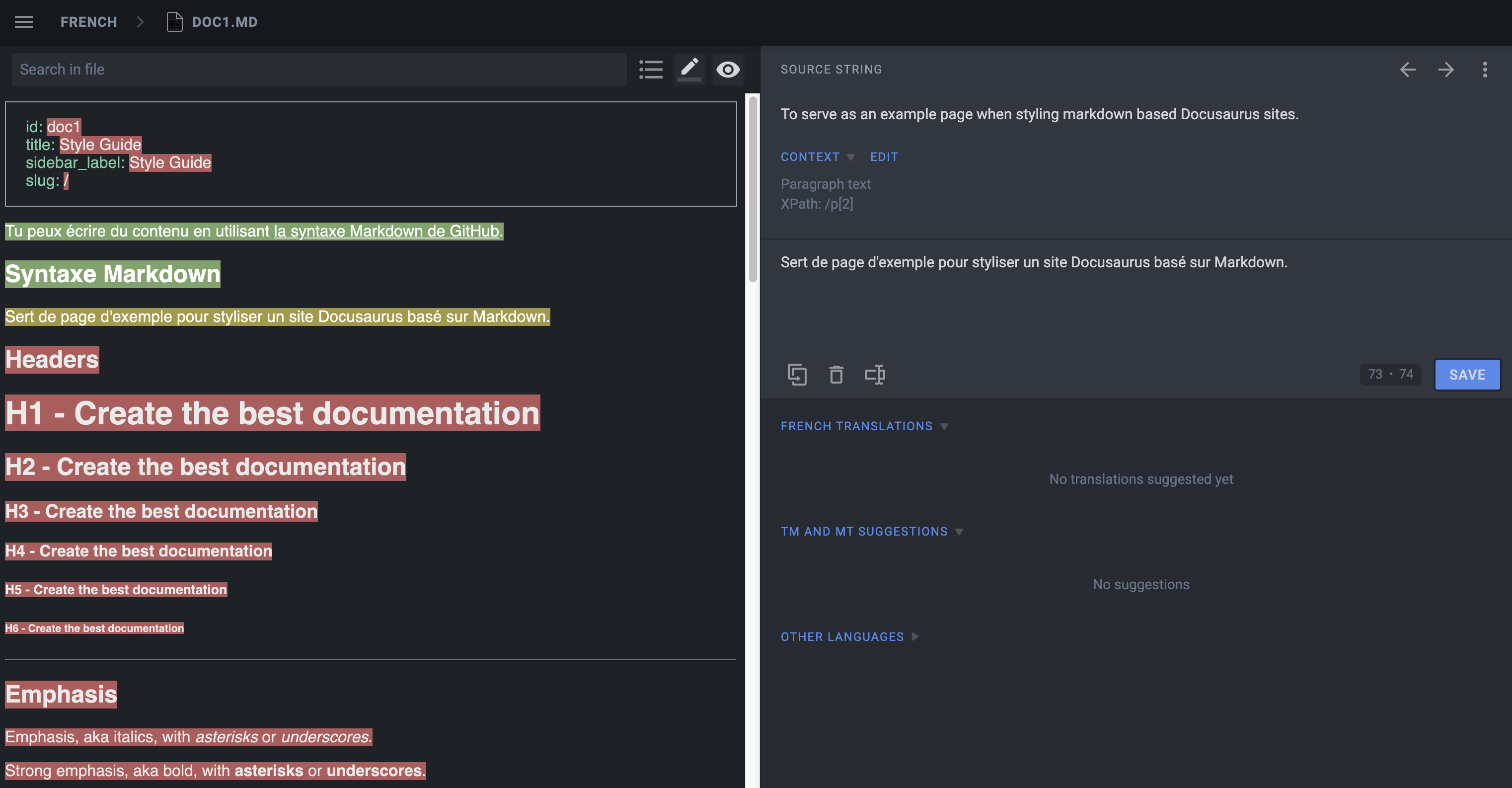 Interface utilisateur de Crowdin pour traduire un fichier Markdown