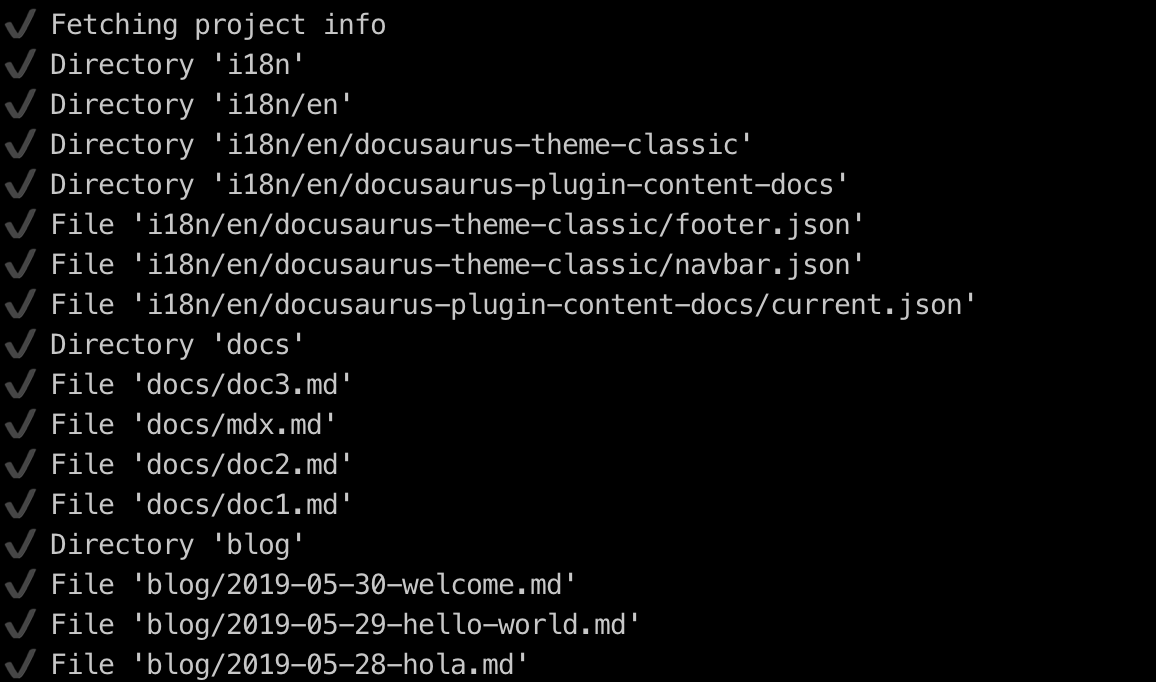 CLI de Crowdin téléchargeant les fichiers sources de Docusaurus