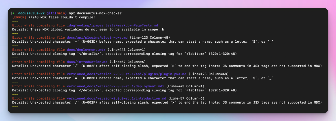 Capture d'écran du terminal montrant un exemple de sortie du CLI du vérificateur de MDX, avec quelques messages d'erreur