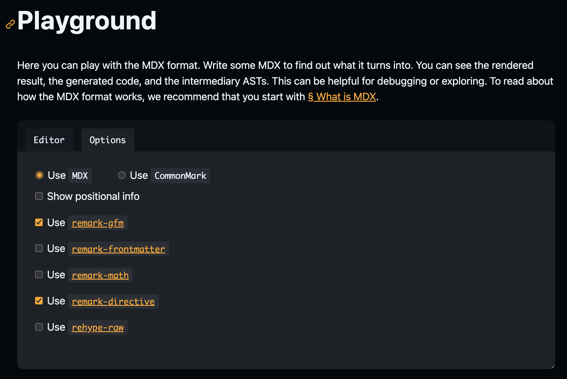 Screenshot of the MDX playground&#39;s options panel, with only the &quot;Use `MDX`&quot;, &quot;Use `remark-gfm`&quot;, and &quot;Use `remark-directive`&quot; options checked