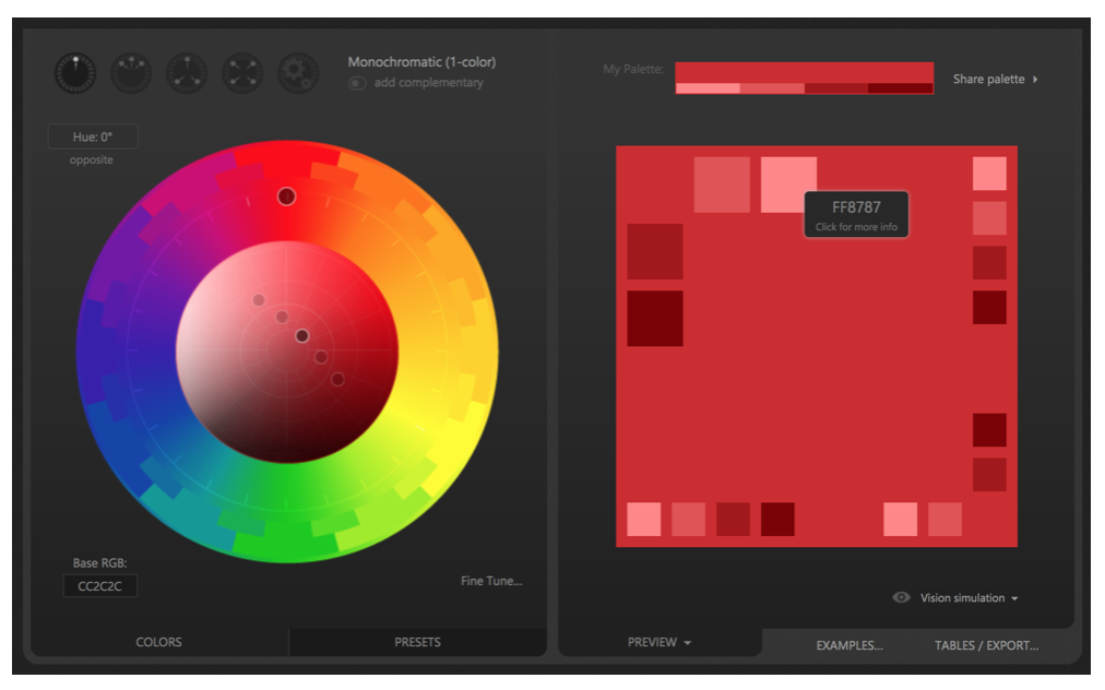 Palletton을 사용해 선택한 빨간색 음영에서 전체 색상 조합을 생성합니다. 왼쪽에는 모든 색조를 표시하는 색상환이 있고 오른쪽 사각형에서는 다양한 빨간색 음영을 보여줍니다.