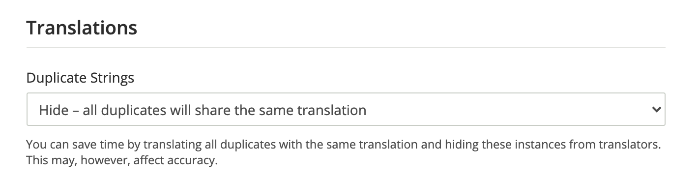 Configuração da opção Crowdin para Strings Duplicadas