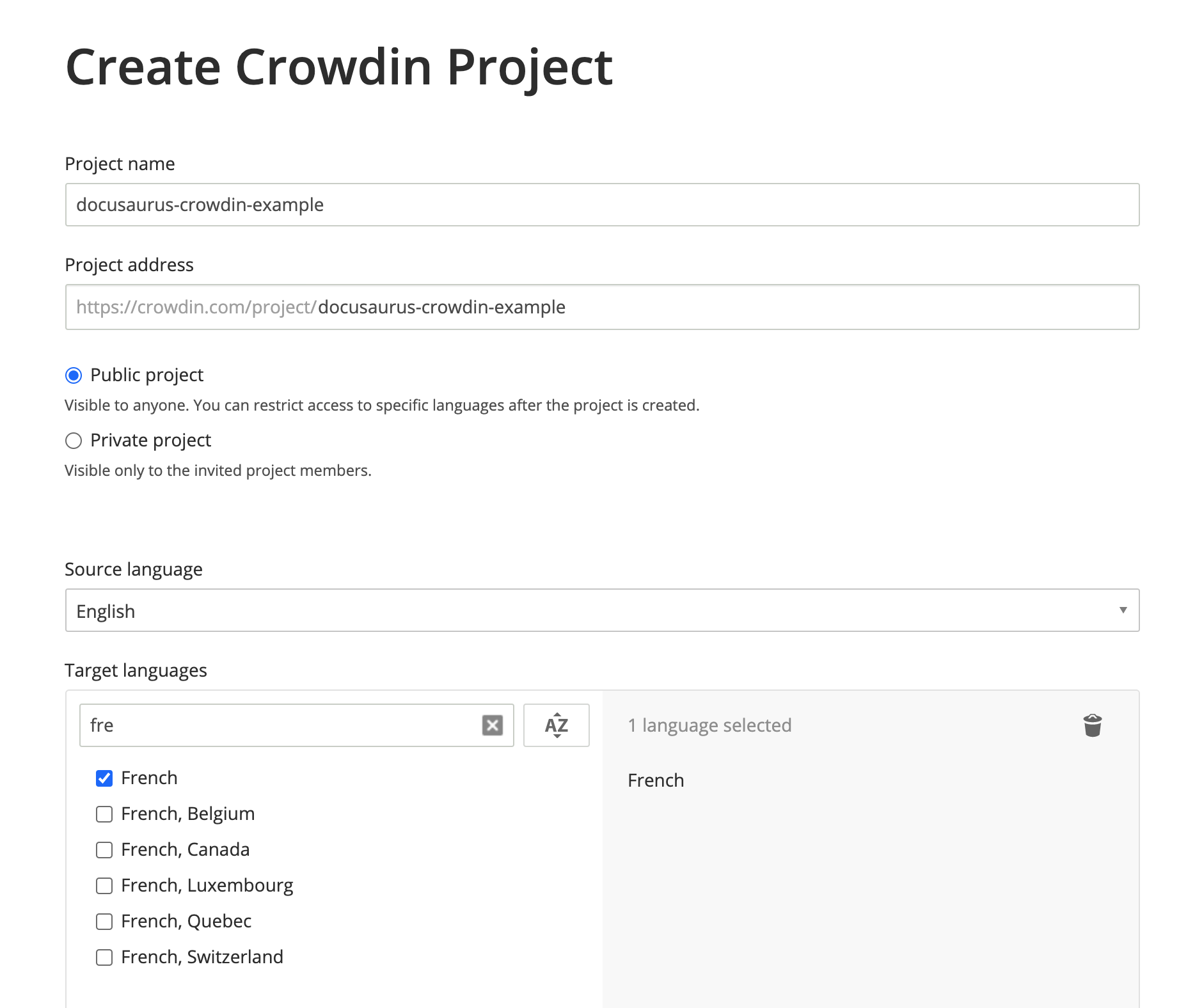 创建 Crowdin 项目，使用英语作为源语言，简体中文作为目标语言